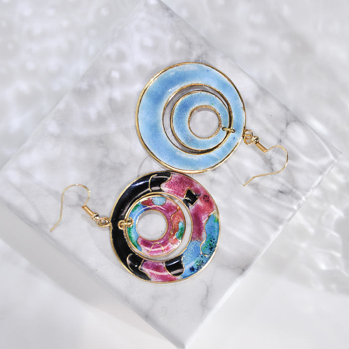 Hills - Pink & Blue - Vintage Jingtai Blue Cloisonne Earrings