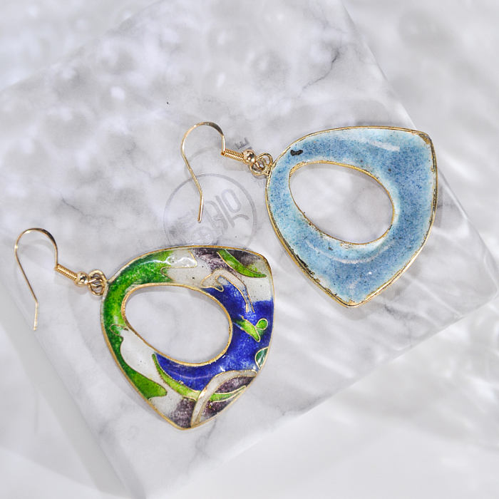 Grass - Deep Blue - Vintage Jingtai Blue Cloisonne Earrings