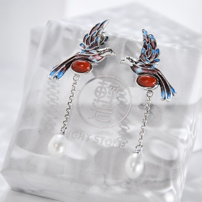 Bird Couple-  Cloisonné Pearl 925 Silver Earrings