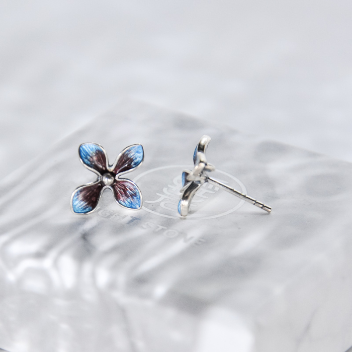 Flower - Cloisonne Burning Blue Silver Ear Stud