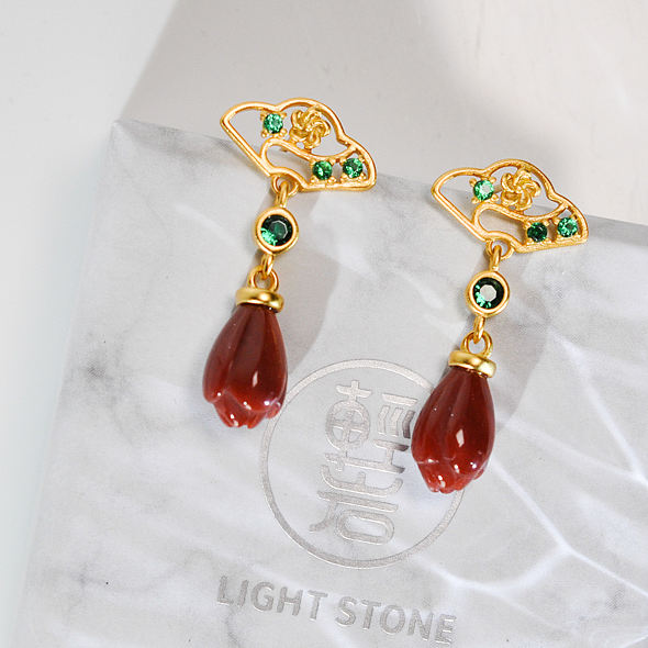 Mulan- Magnolia under the window - Red Agate Silver Earrings