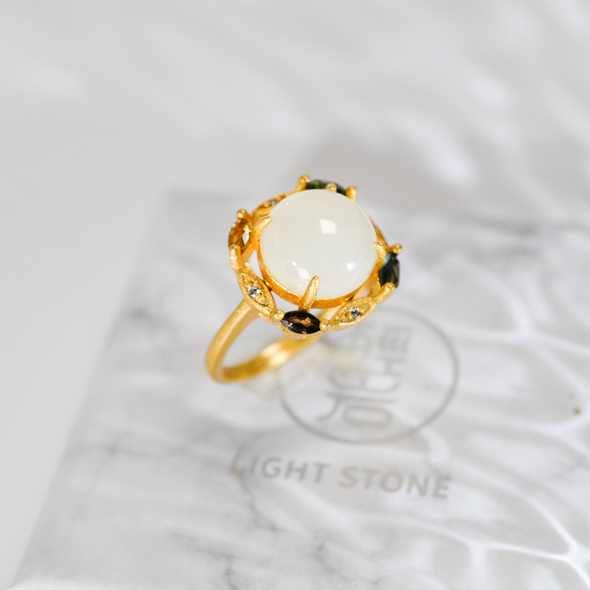 Colorful Life - White Hetian Jade&Tourmaline 925 Silver Ring - Size Ajustable