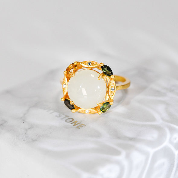 Colorful Life - White Hetian Jade&Tourmaline 925 Silver Ring - Size Ajustable