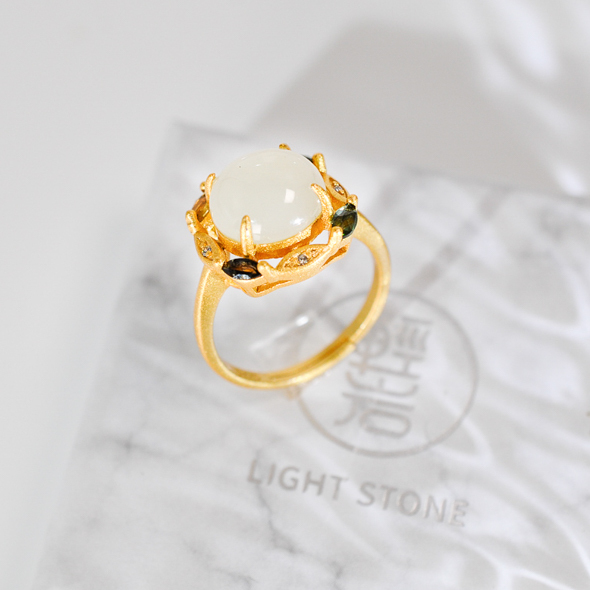 Colorful Life - White Hetian Jade&Tourmaline 925 Silver Ring - Size Ajustable