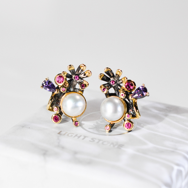 Moon - 925 Silver Pearl Earrings
