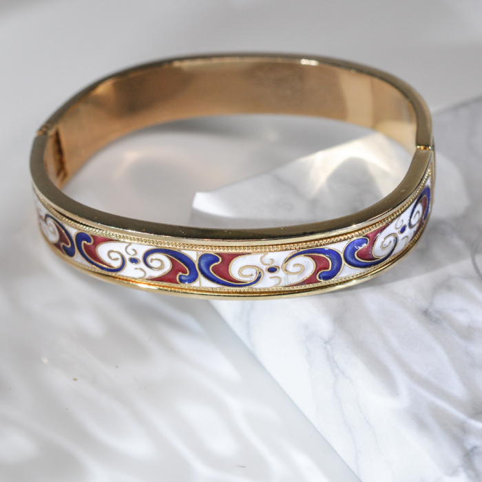 Lucky Clouds - White Red - Jingtai Blue Vintage Bangle - Cooper Base Cloisonne