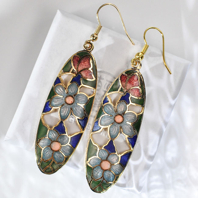 Oval - Flower - Vintage Jingtai Blue Cloisonne Copper Earrings