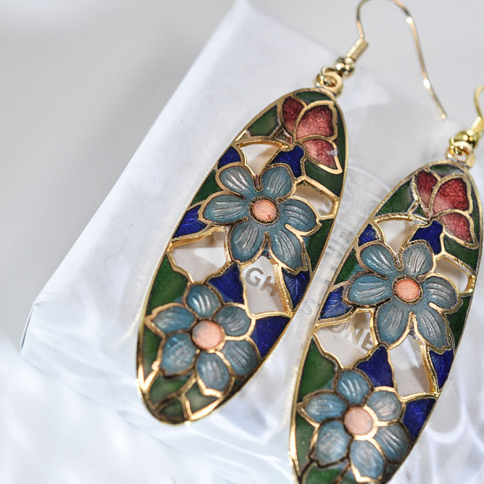 Oval - Flower - Vintage Jingtai Blue Cloisonne Copper Earrings