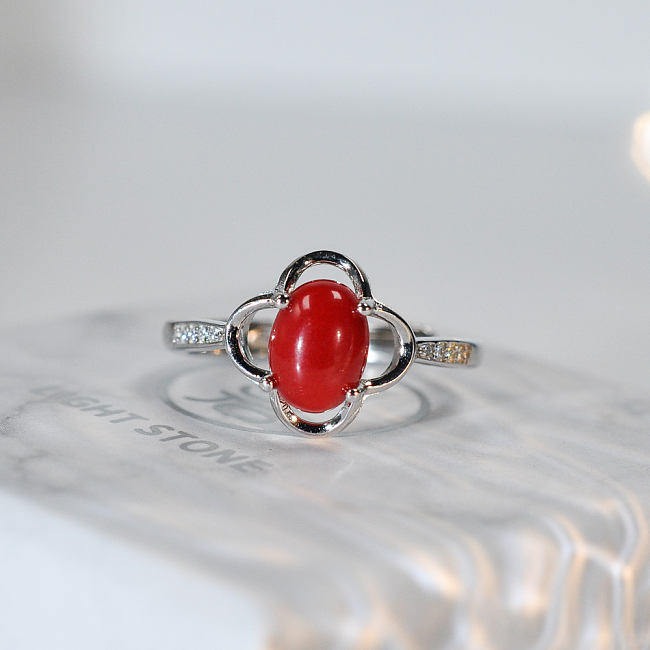 Lucky Clover - Red Coral 925 Silver Ring - Size Adjustable (Fit Size 4 -12)