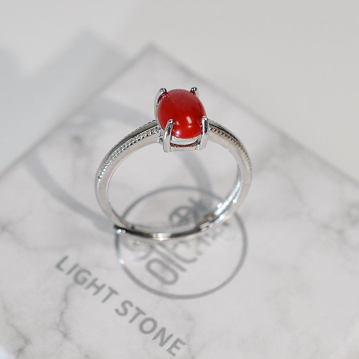 Oval - Red Coral 925 Silver Ring - Size Adjustable (Fit Size 4 -12)