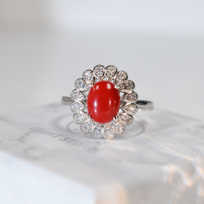 Flower - Red Coral 925 Silver Ring - Size Adjustable (Fit Size 4 -12)