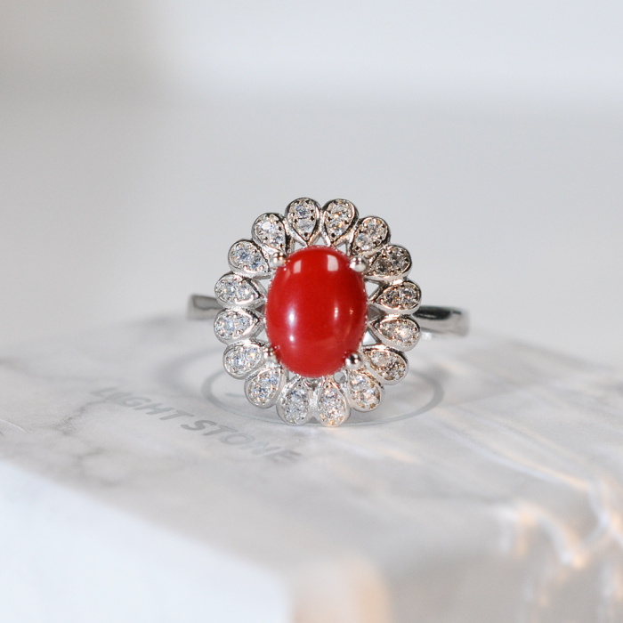 Online Rings - Flower - Red Coral 925 Silver Ring - Asian Gift | LIGHT STONE