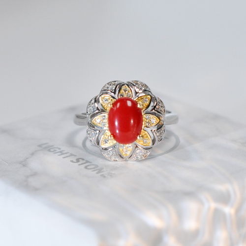 Gold Flower - Red Coral 925 Silver Ring - Size Adjustable (Fit Size 4 -12)