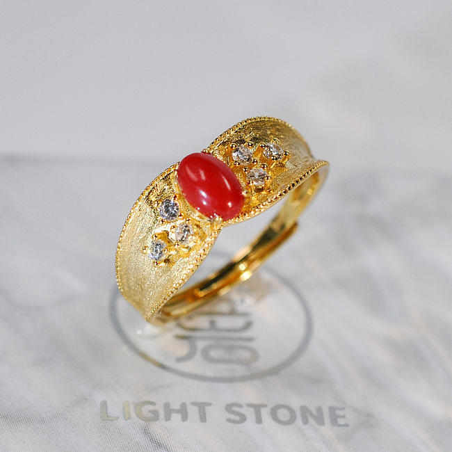 Vintage Royal - Red Coral 925 Silver Ring - Gold Painted - Size Adjustable (Fit Size 4 -12)