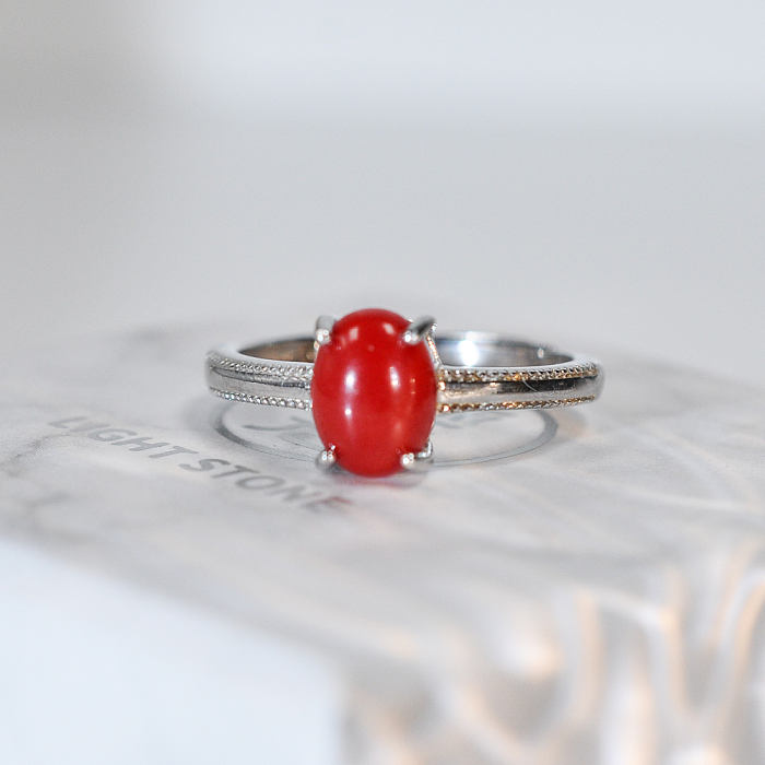 Oval - Red Coral 925 Silver Ring - Size Adjustable (Fit Size 4 -12)