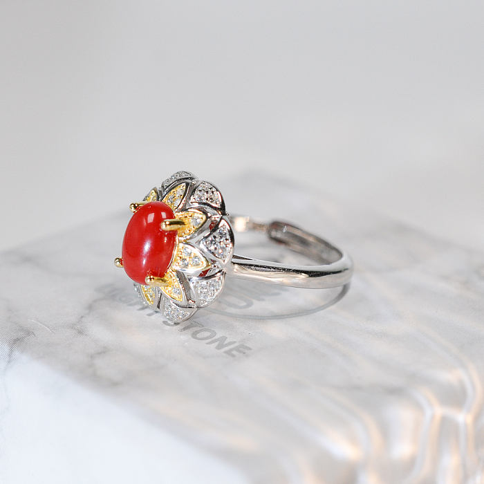 Gold Flower - Red Coral 925 Silver Ring - Size Adjustable (Fit Size 4 -12)