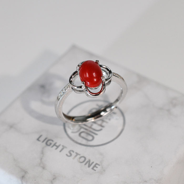 Online Rings - Lucky Clover - Red Coral 925 Silver Ring - Asian Gift | LIGHT STONE