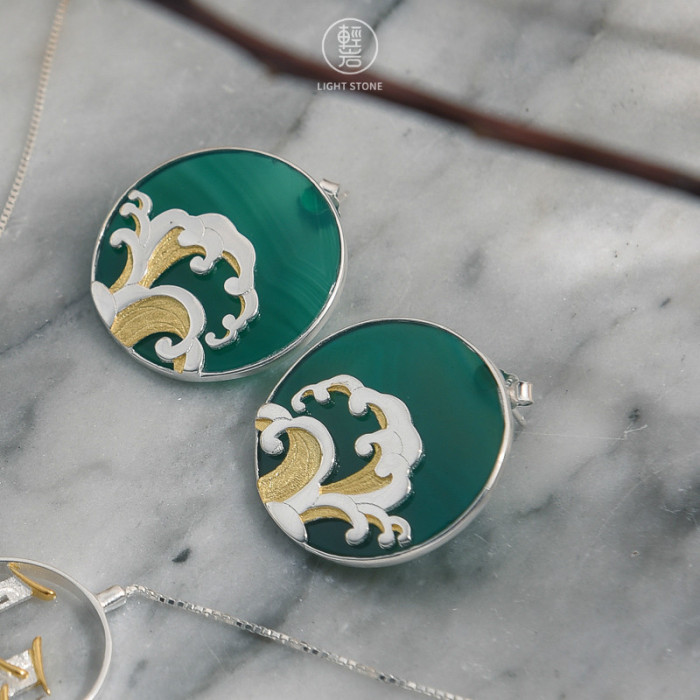 Online Earring Shop - Special Gift - Wave - Green Agate Earrings | Light Stone 