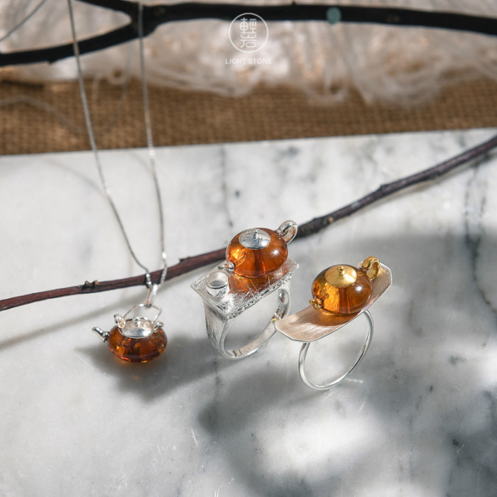 Teapot - Amber Necklace - 925 Silver