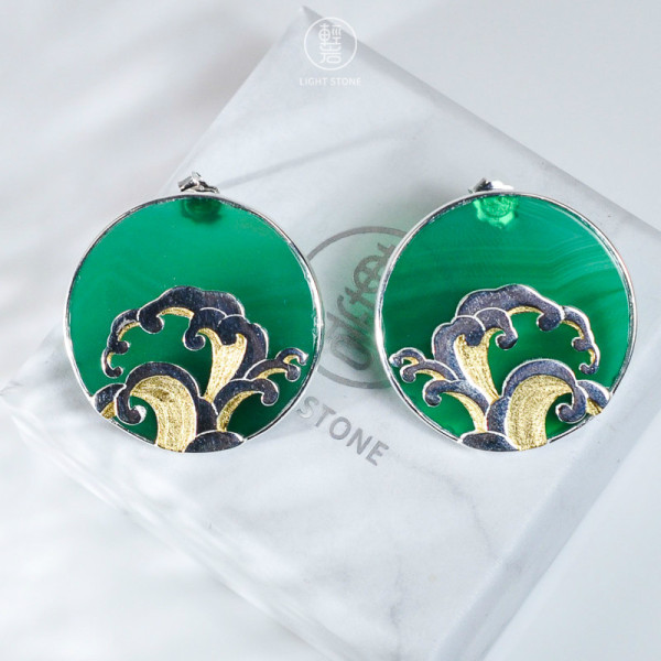 Wave - Green Agate  - 925 Silver Earrings
