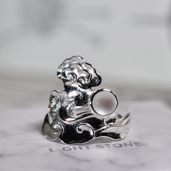 Clouds and Moon - 925 Silver Ring With Glaze - Size Adjustable