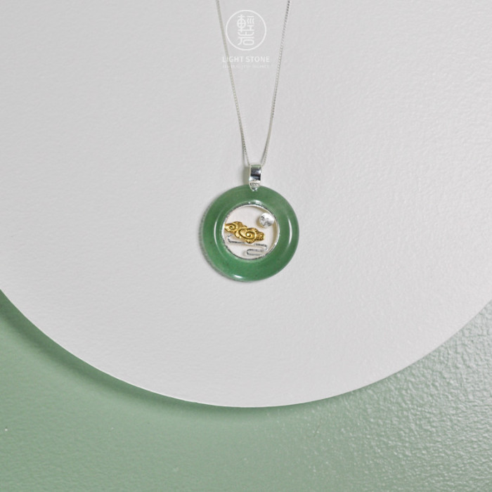Clouds and Moon -  Aventurine - 925 Silver Necklace