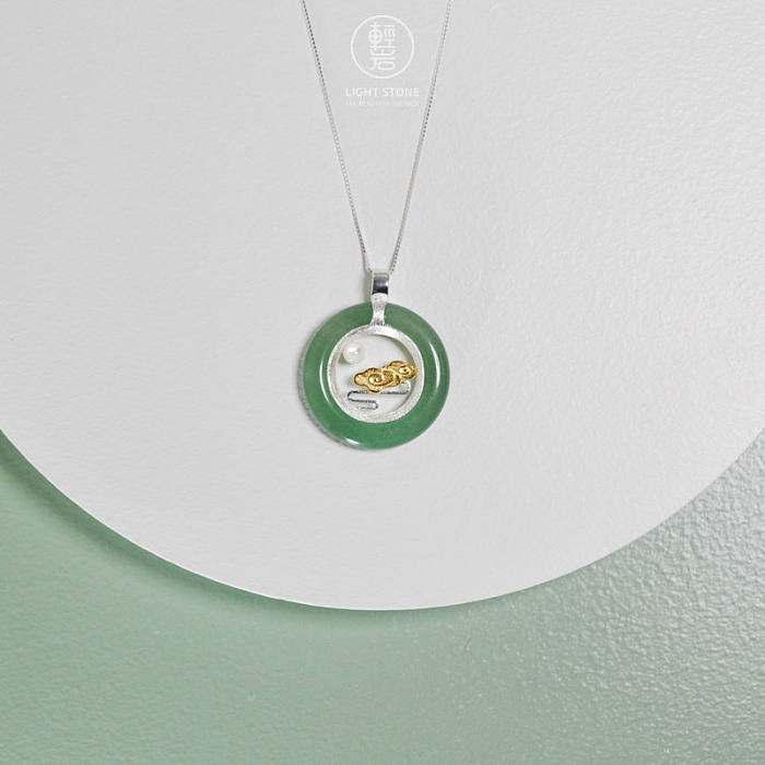 Clouds and Moon -  Aventurine - 925 Silver Necklace