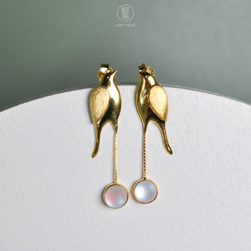 Gold Birds - 925 Silver Earrings With Glaze