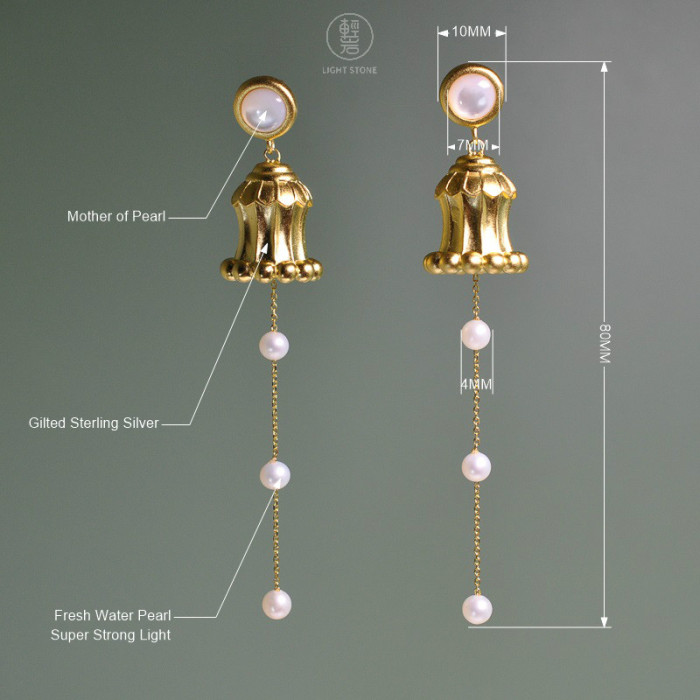 Best Designer Earrings Online - Dunhuang. Hua Gai Pearl Ear Stud - Sterling Silver Gilded - Mother of Pearl | Light Stone
