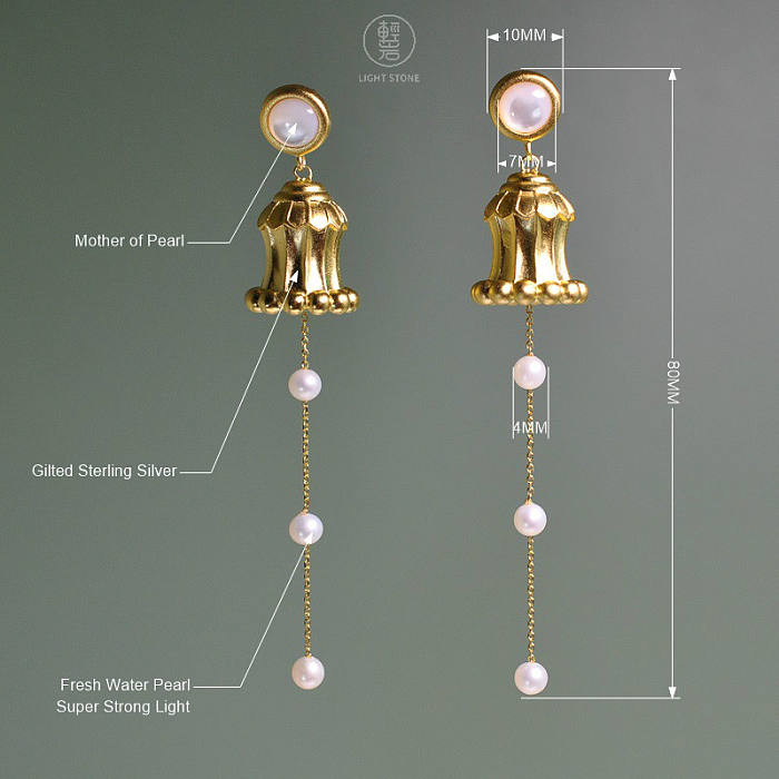 Silk Road Series - Gilded Sterling Silver Earrings with Cascading Pearl Chain Inspired by Dunhuang Art - Light Stone Jewellery