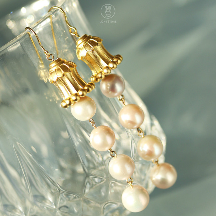 Hua Gai Pearl Earrings - Silk Road - Sterling Silver Gilded