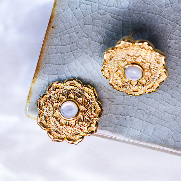 Intricate Lotus Silk Road Mother of Pearl Ear Studs with Dunhuang-inspired motif and textured gold plating on sterling silver, from Light Stone Jewellery.