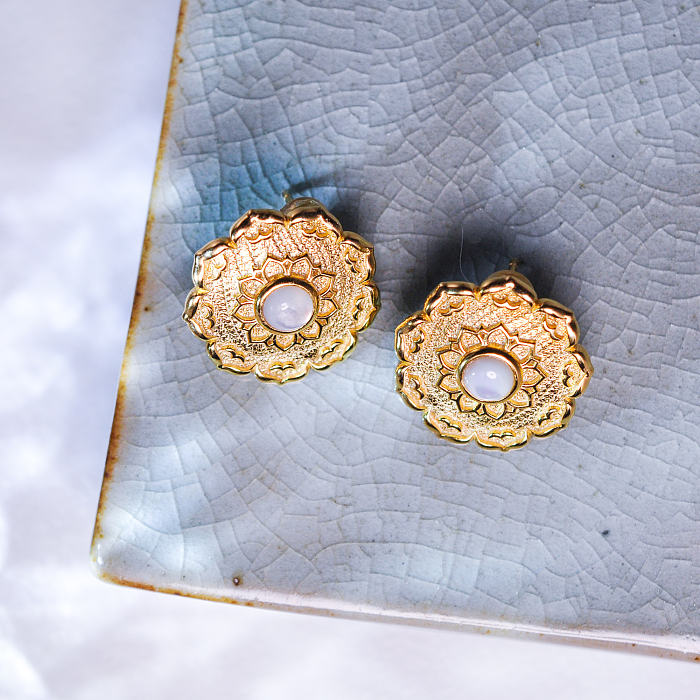 Intricate Lotus Silk Road Mother of Pearl Ear Studs with Dunhuang-inspired motif and textured gold plating on sterling silver, from Light Stone Jewellery.