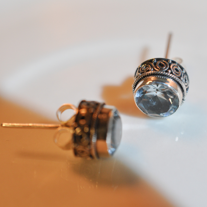 Bali Topaz Ear Stud - 925 Sliver Earrings - Sterling Silver - Handmade|Light Stone Jewellery