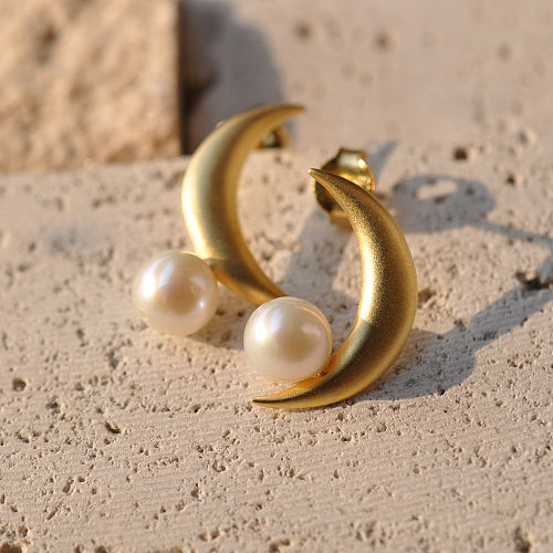 Moon - Pearl Ear Stud - 925 Sliver Earrings - Sterling Silver - Designer Jewelry