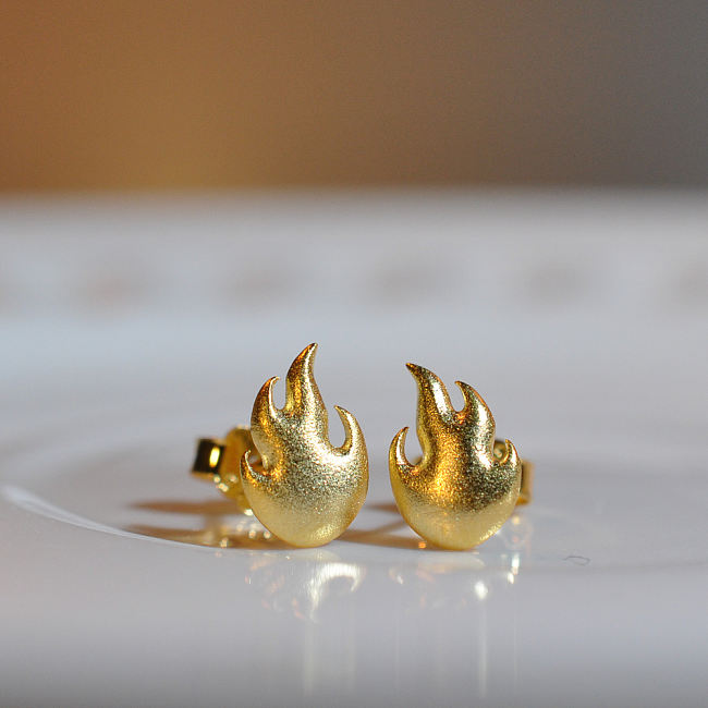 Fire - Golden Ear Stud - 925 Sliver Earrings - Sterling Silver - Designer Jewelry