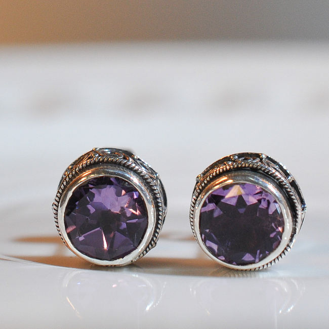 Bali Amethyst Ear Stud - 925 Sliver Earrings - Sterling Silver - Handmade