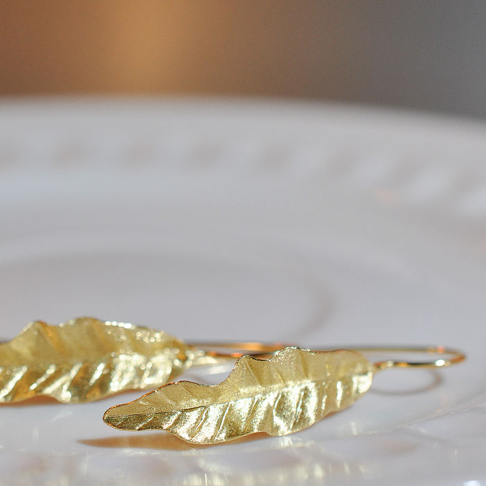 Bali Gold Leaves - 925 Sliver Earrings - Sterling Silver - Handmade｜Light Stone