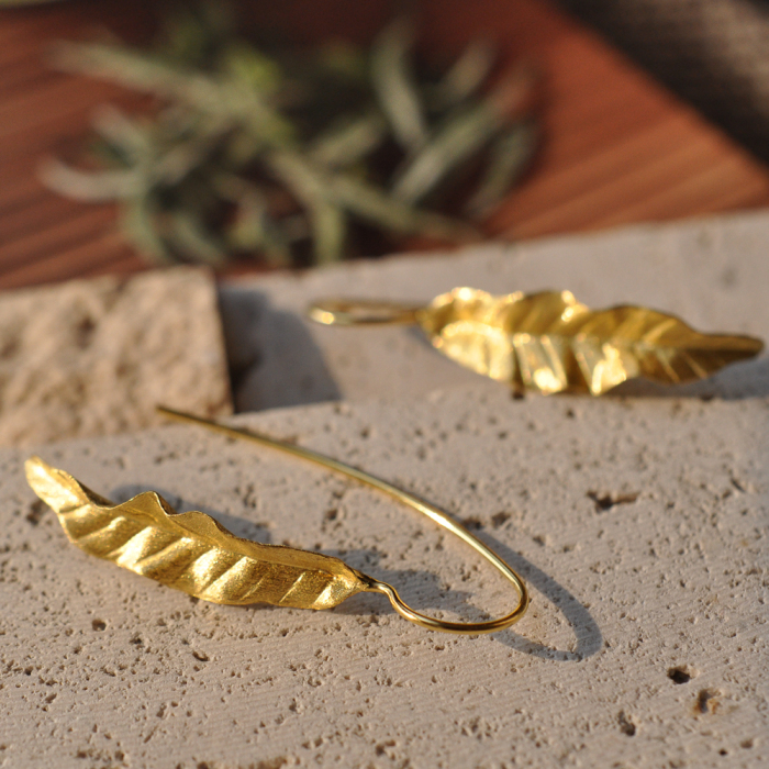 Bali Gold Leaves - 925 Sliver Earrings - Sterling Silver - Handmade｜Light Stone