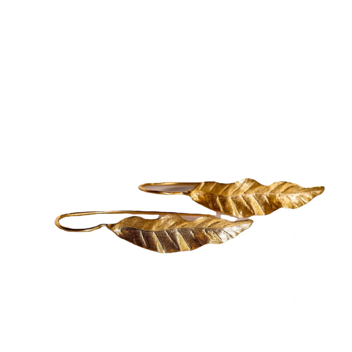 Bali Gold Leaves - 925 Sliver Earrings - Sterling Silver - Handmade｜Light Stone