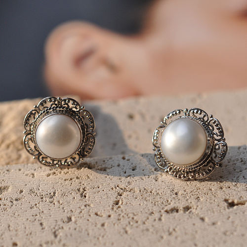 Bali Pearl Ear Stud - 925 Sliver Earrings - Sterling Silver - Handmade