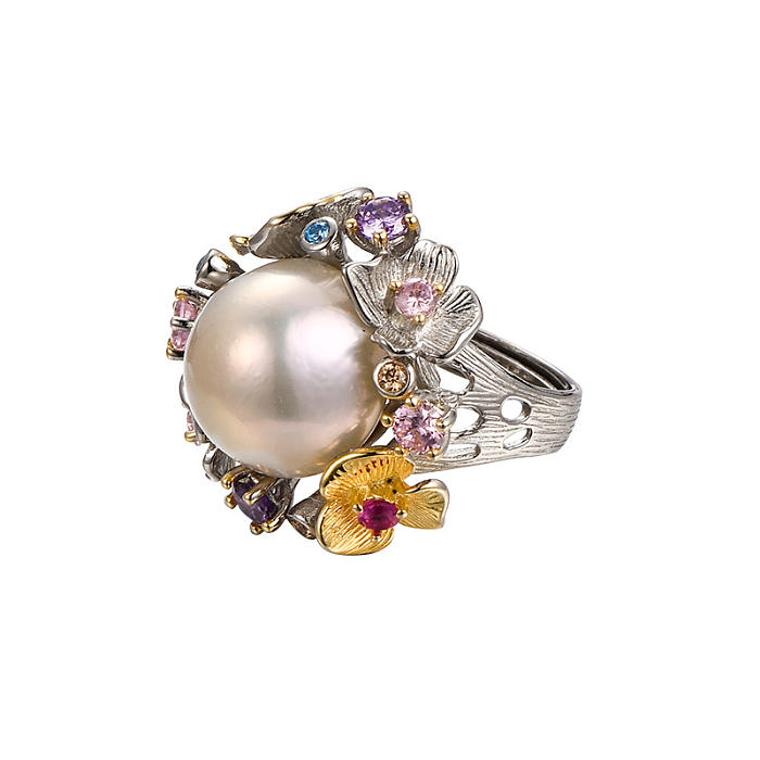 Flower - Colorful -  Pearl- Luxury Sterling Silver Ring