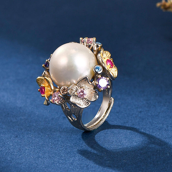 Flower - Colorful -  Pearl- Luxury Sterling Silver Ring