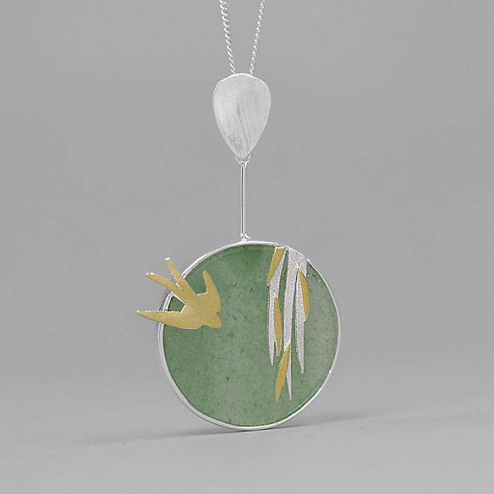 Swallow - Aventurine -  Sterling Silver Necklace