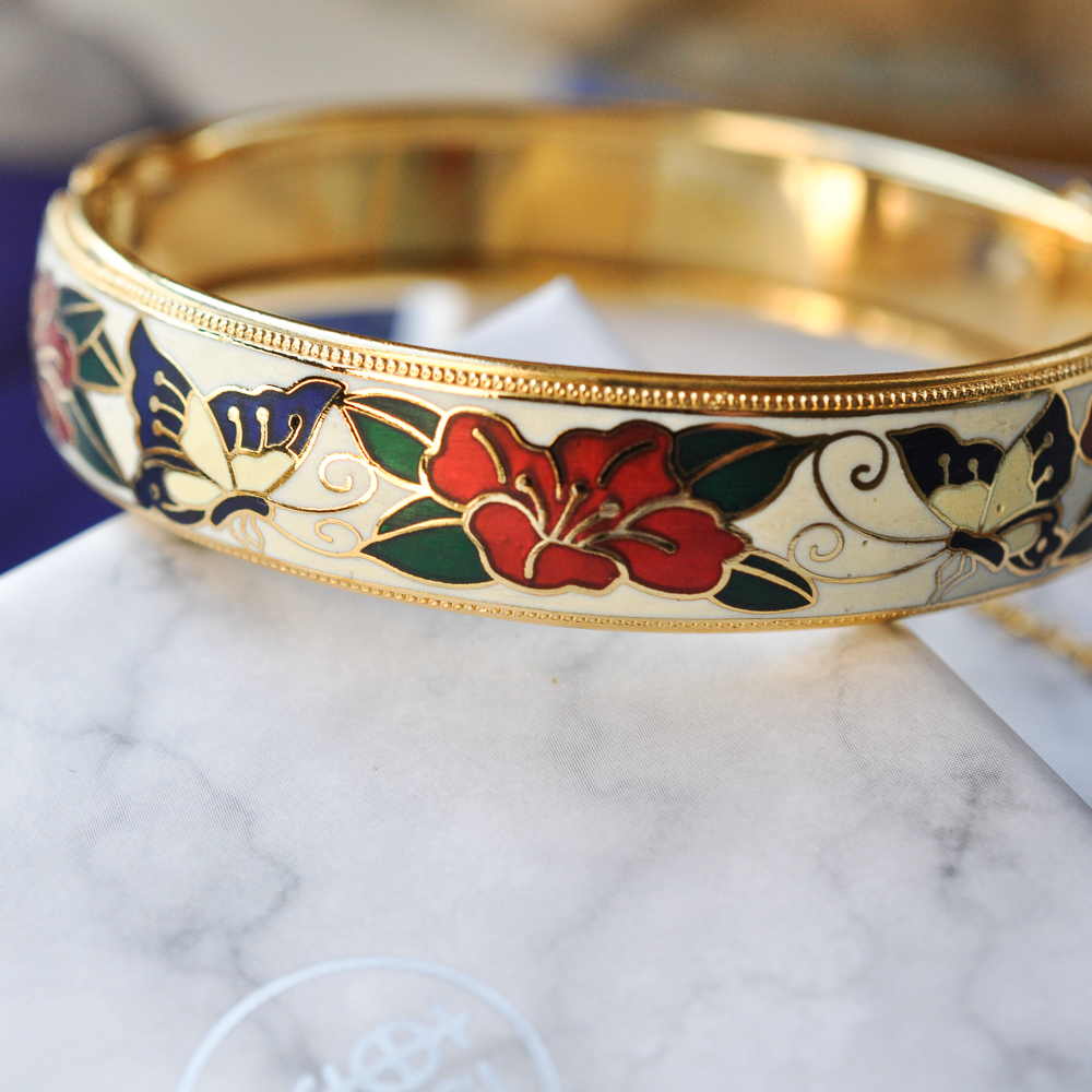 Butterfly and Flower - Jingtai Blue Vintage Bangle - Cooper Butterfly and Flower - Jingtai Blue Vintage Bangle - Cooper