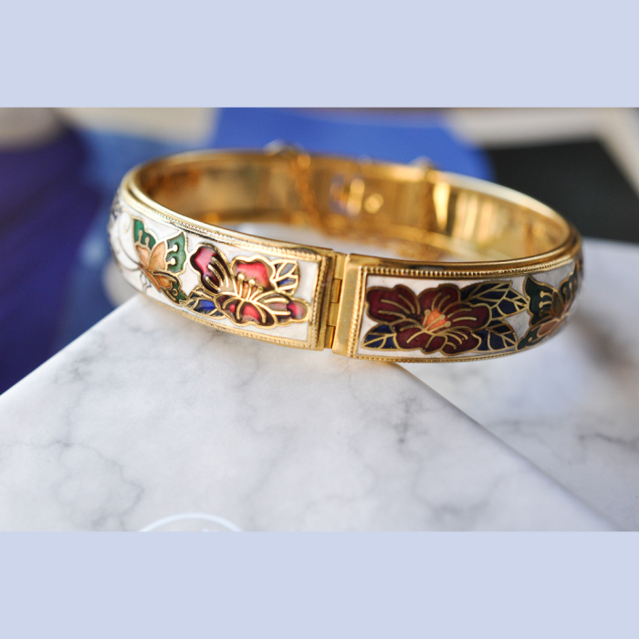 Butterfly and Flower - Jingtai Blue Vintage Bangle - Cooper Base Cloisonne