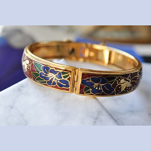 Butterfly and Peony - Jingtai Blue Vintage Bangle - Cooper Base Cloisonne