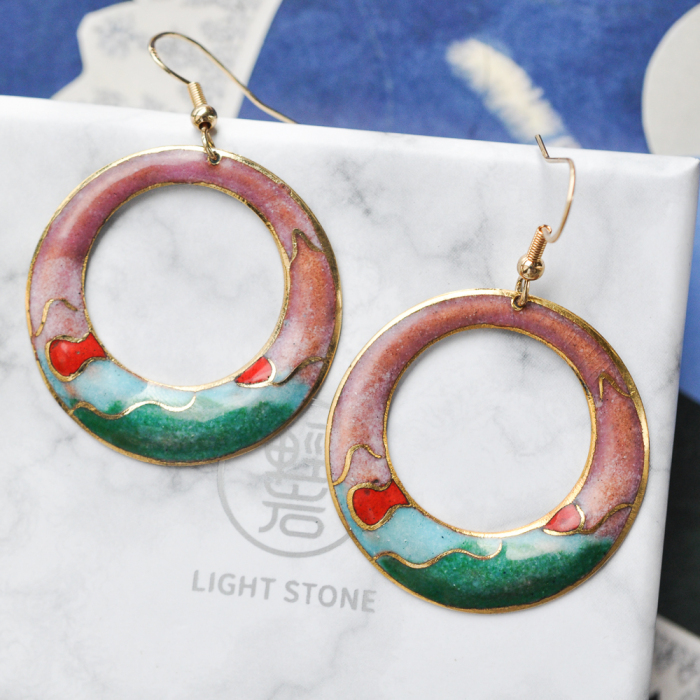 Hills - Blue and Pink - Vintage Jingtai Blue Cloisonne Earrings