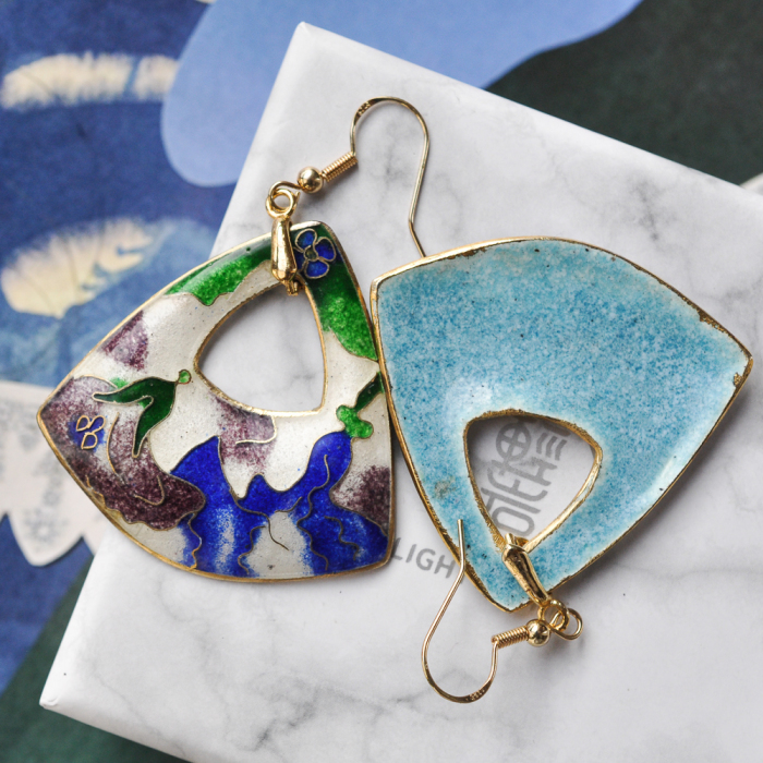 Grass - Blue&Green - Vintage Jingtai Blue Cloisonne Earrings