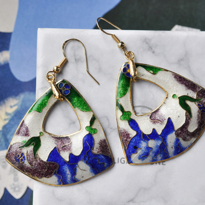 Grass - Blue&Green - Vintage Jingtai Blue Cloisonne Earrings